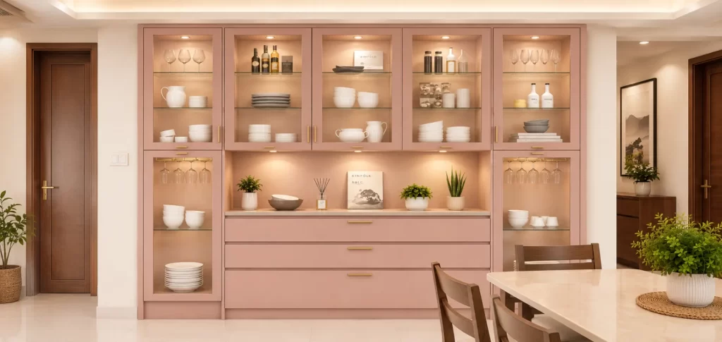 Crockery unit design with glass cabinets, warm lighting and beige finish