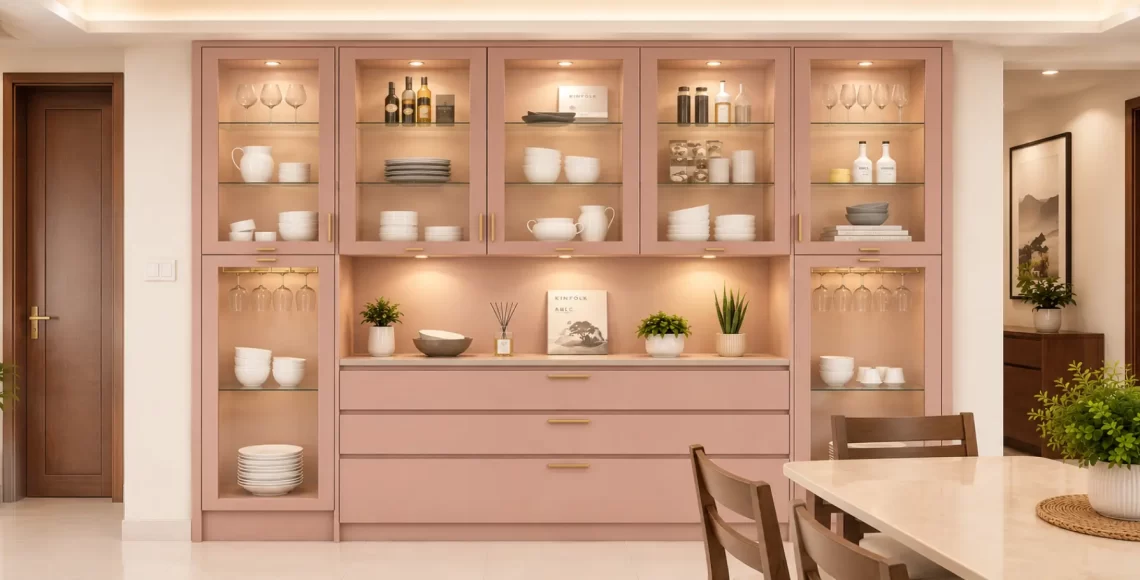 Crockery unit design with glass cabinets, warm lighting and beige finish