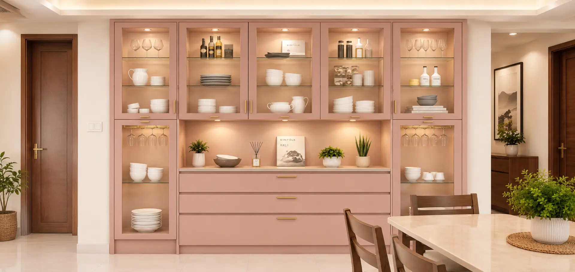 Soft Pink Crockery Unit Design Crockery unit design with glass cabinets, warm lighting and beige finish